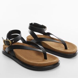 Mango black leather buckle sandals with tan sole size 8.5